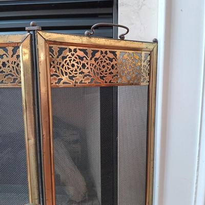 LOT 328: Vintage Brass and Cast Iron Andirons with Fireplace Screen