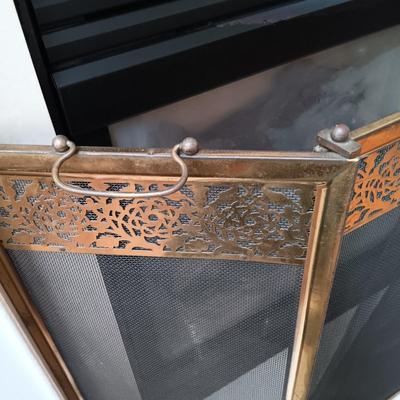 LOT 328: Vintage Brass and Cast Iron Andirons with Fireplace Screen