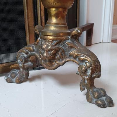 LOT 328: Vintage Brass and Cast Iron Andirons with Fireplace Screen