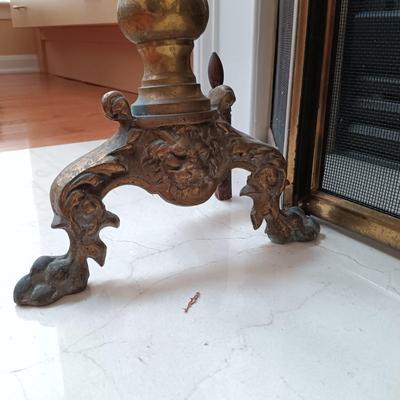 LOT 328: Vintage Brass and Cast Iron Andirons with Fireplace Screen