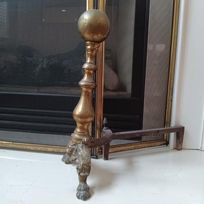 LOT 328: Vintage Brass and Cast Iron Andirons with Fireplace Screen