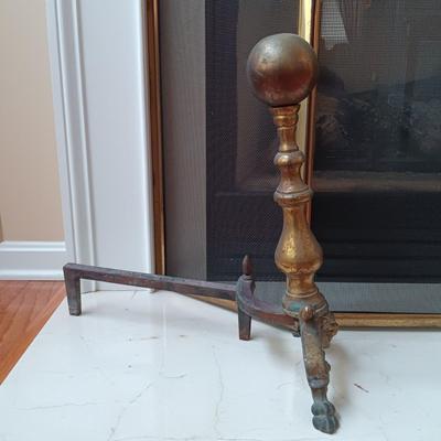 LOT 328: Vintage Brass and Cast Iron Andirons with Fireplace Screen
