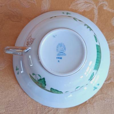 LOT 335: Herend Hungary Indian Basket Green Teacup, Japanese Stork on Silk Wall Scroll, Gibsons Teapot & More
