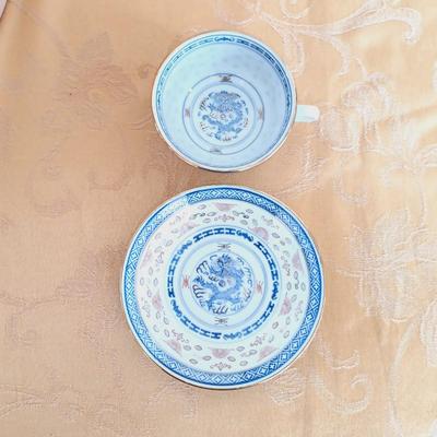 LOT 335: Herend Hungary Indian Basket Green Teacup, Japanese Stork on Silk Wall Scroll, Gibsons Teapot & More