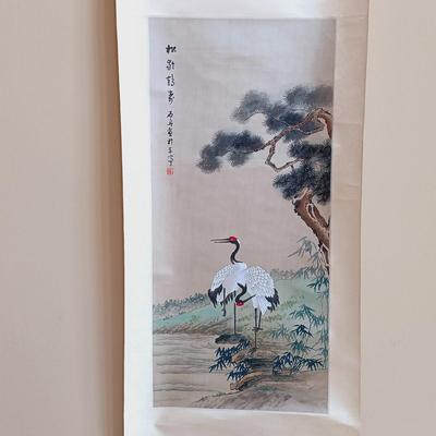 LOT 335: Herend Hungary Indian Basket Green Teacup, Japanese Stork on Silk Wall Scroll, Gibsons Teapot & More