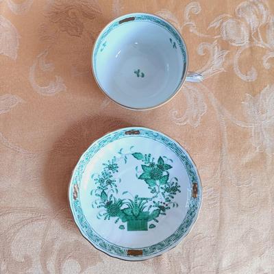 LOT 335: Herend Hungary Indian Basket Green Teacup, Japanese Stork on Silk Wall Scroll, Gibsons Teapot & More