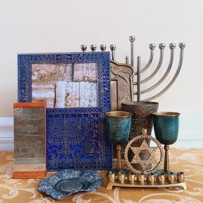 LOT 336: Vintage Brass Kiddush Goblets, Solid Brass Menorah, Embossed Brass Queen of Sheba Plaque & More