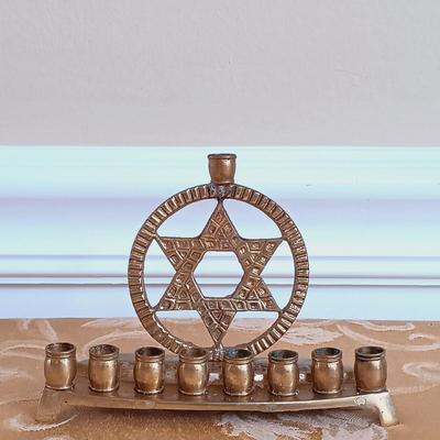 LOT 336: Vintage Brass Kiddush Goblets, Solid Brass Menorah, Embossed Brass Queen of Sheba Plaque & More