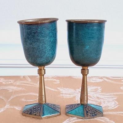 LOT 336: Vintage Brass Kiddush Goblets, Solid Brass Menorah, Embossed Brass Queen of Sheba Plaque & More