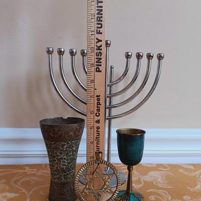LOT 336: Vintage Brass Kiddush Goblets, Solid Brass Menorah, Embossed Brass Queen of Sheba Plaque & More