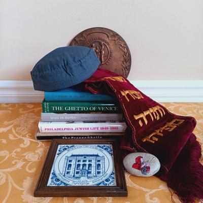 LOT 337: Vintage Velvet Belt with Verse from Malachi, Bronze Grand Street Boys Plaque, Portuguese Synagogue Tile & More
