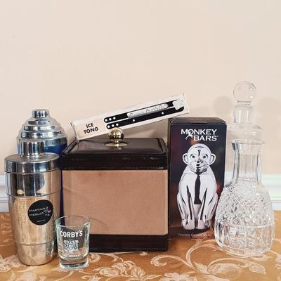LOT 339: Godinger Monkey Bars Poseable Cocktail Shaker, MCM Glass Decanter, Vintage Ice Bucket & More