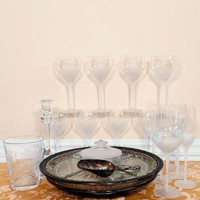LOT 340: Frosted Petal Crystal Glass Wine and Champagne Glasses, Metal and Glass Lazy Susan, Crystal Candleholder & More