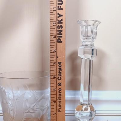 LOT 340: Frosted Petal Crystal Glass Wine and Champagne Glasses, Metal and Glass Lazy Susan, Crystal Candleholder & More