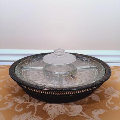 LOT 340: Frosted Petal Crystal Glass Wine and Champagne Glasses, Metal and Glass Lazy Susan, Crystal Candleholder & More