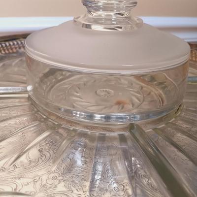 LOT 340: Frosted Petal Crystal Glass Wine and Champagne Glasses, Metal and Glass Lazy Susan, Crystal Candleholder & More