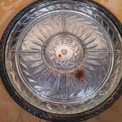 LOT 340: Frosted Petal Crystal Glass Wine and Champagne Glasses, Metal and Glass Lazy Susan, Crystal Candleholder & More