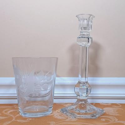 LOT 340: Frosted Petal Crystal Glass Wine and Champagne Glasses, Metal and Glass Lazy Susan, Crystal Candleholder & More