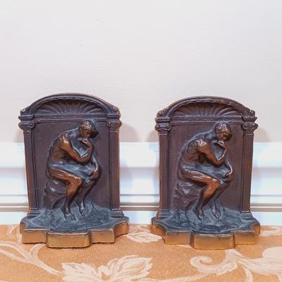 LOT 341: Solid Bronze 'Thinking Man' Bookends, Wheaton George Washinton Ink Bottle & More