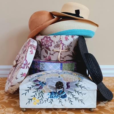LOT 342: Summer Hat Collection w/ Hat Boxes & Decorative Floral Box