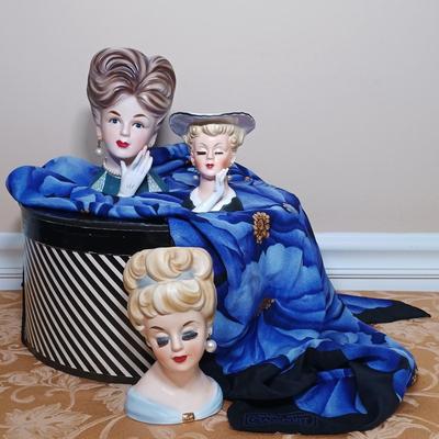 LOT 343: Vintage Lady Head Vases with Sandra Roth Scarf & Vintage Hat Box