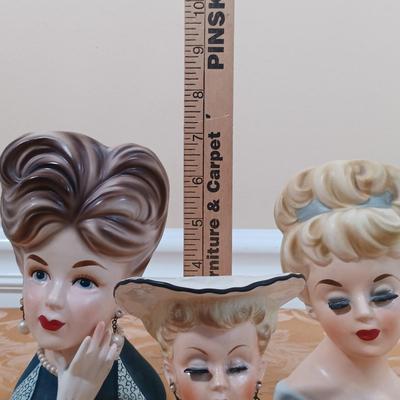 LOT 343: Vintage Lady Head Vases with Sandra Roth Scarf & Vintage Hat Box