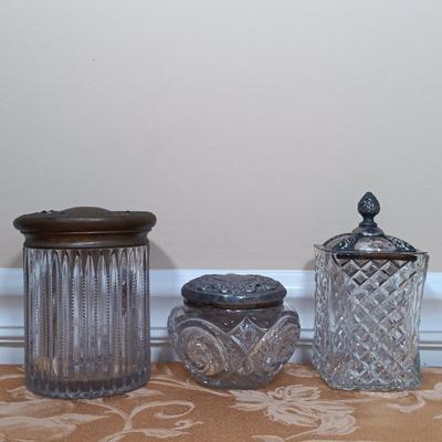 LOT 345: Antique J.B. Art Nouveau Jewelry Box, Crystal Powder Jars, Small Engraved Metal Fountain Pen & More