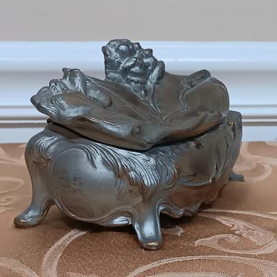 LOT 345: Antique J.B. Art Nouveau Jewelry Box, Crystal Powder Jars, Small Engraved Metal Fountain Pen & More