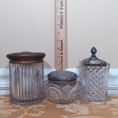 LOT 345: Antique J.B. Art Nouveau Jewelry Box, Crystal Powder Jars, Small Engraved Metal Fountain Pen & More