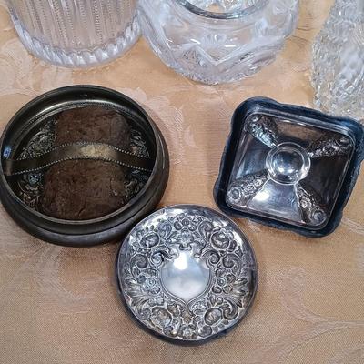 LOT 345: Antique J.B. Art Nouveau Jewelry Box, Crystal Powder Jars, Small Engraved Metal Fountain Pen & More