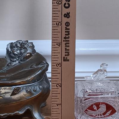 LOT 345: Antique J.B. Art Nouveau Jewelry Box, Crystal Powder Jars, Small Engraved Metal Fountain Pen & More