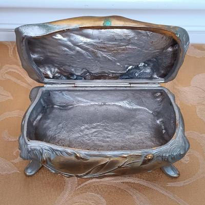 LOT 345: Antique J.B. Art Nouveau Jewelry Box, Crystal Powder Jars, Small Engraved Metal Fountain Pen & More