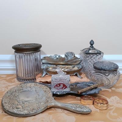 LOT 345: Antique J.B. Art Nouveau Jewelry Box, Crystal Powder Jars, Small Engraved Metal Fountain Pen & More