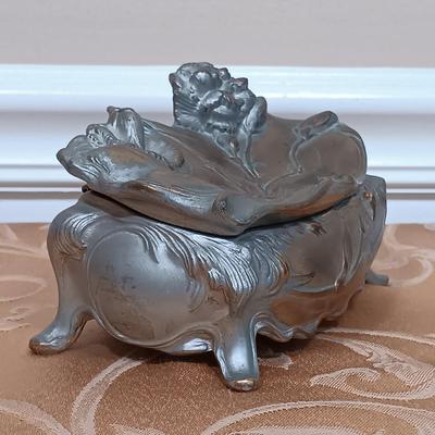 LOT 345: Antique J.B. Art Nouveau Jewelry Box, Crystal Powder Jars, Small Engraved Metal Fountain Pen & More