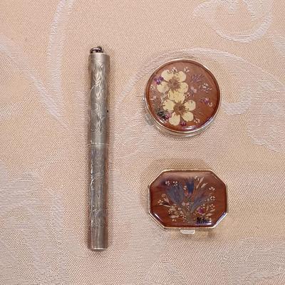 LOT 345: Antique J.B. Art Nouveau Jewelry Box, Crystal Powder Jars, Small Engraved Metal Fountain Pen & More