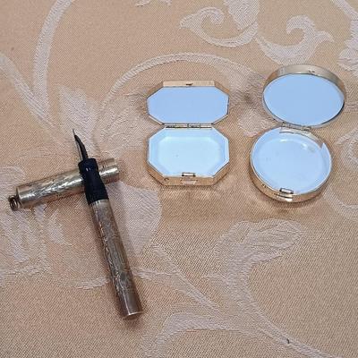 LOT 345: Antique J.B. Art Nouveau Jewelry Box, Crystal Powder Jars, Small Engraved Metal Fountain Pen & More