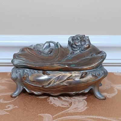 LOT 345: Antique J.B. Art Nouveau Jewelry Box, Crystal Powder Jars, Small Engraved Metal Fountain Pen & More