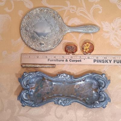 LOT 345: Antique J.B. Art Nouveau Jewelry Box, Crystal Powder Jars, Small Engraved Metal Fountain Pen & More