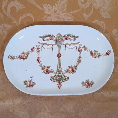 LOT 346: Vintage Dubarry Amber Pyralin Hand Mirror, Limoges Peint Main Floral Trinket Box, Fielding & Co Devon Ware Vanity Tray &...