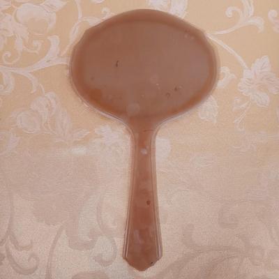 LOT 346: Vintage Dubarry Amber Pyralin Hand Mirror, Limoges Peint Main Floral Trinket Box, Fielding & Co Devon Ware Vanity Tray &...