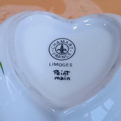 LOT 346: Vintage Dubarry Amber Pyralin Hand Mirror, Limoges Peint Main Floral Trinket Box, Fielding & Co Devon Ware Vanity Tray &...