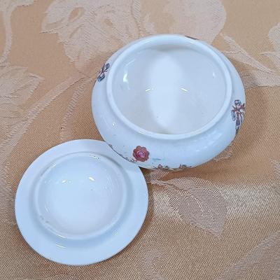 LOT 346: Vintage Dubarry Amber Pyralin Hand Mirror, Limoges Peint Main Floral Trinket Box, Fielding & Co Devon Ware Vanity Tray &...