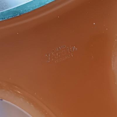 LOT 346: Vintage Dubarry Amber Pyralin Hand Mirror, Limoges Peint Main Floral Trinket Box, Fielding & Co Devon Ware Vanity Tray &...