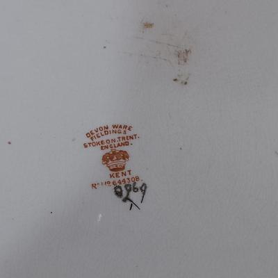 LOT 346: Vintage Dubarry Amber Pyralin Hand Mirror, Limoges Peint Main Floral Trinket Box, Fielding & Co Devon Ware Vanity Tray &...