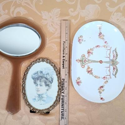 LOT 346: Vintage Dubarry Amber Pyralin Hand Mirror, Limoges Peint Main Floral Trinket Box, Fielding & Co Devon Ware Vanity Tray &...