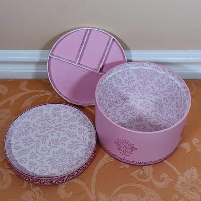 LOT 346: Vintage Dubarry Amber Pyralin Hand Mirror, Limoges Peint Main Floral Trinket Box, Fielding & Co Devon Ware Vanity Tray &...