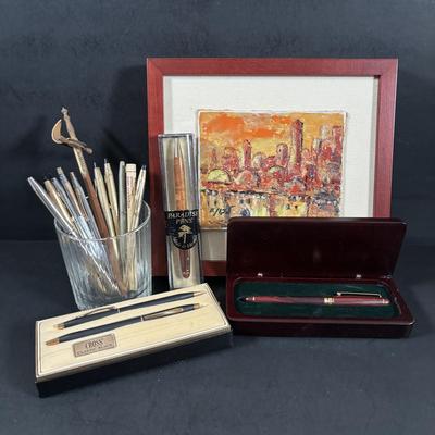 LOT 352: Cross Pen Collection along w/Chromatic & Wooden Pens & Signed Print