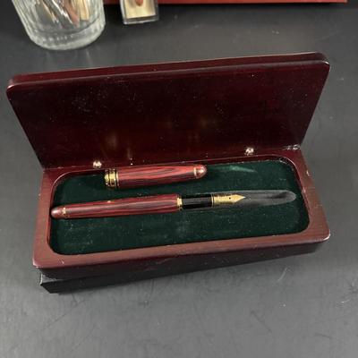 LOT 352: Cross Pen Collection along w/Chromatic & Wooden Pens & Signed Print