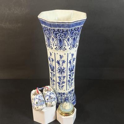 LOT 357: Delft Holland Hand Painted Vase, Wedgewood Style Pill Box & Ceramic Painted Shoes