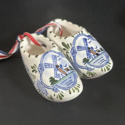 LOT 357: Delft Holland Hand Painted Vase, Wedgewood Style Pill Box & Ceramic Painted Shoes